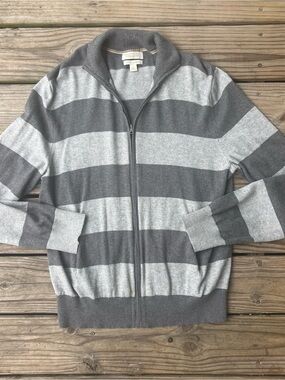 Banana Republic Gray & White Striped Cotton Cashmere Blend Zip Up Sweater